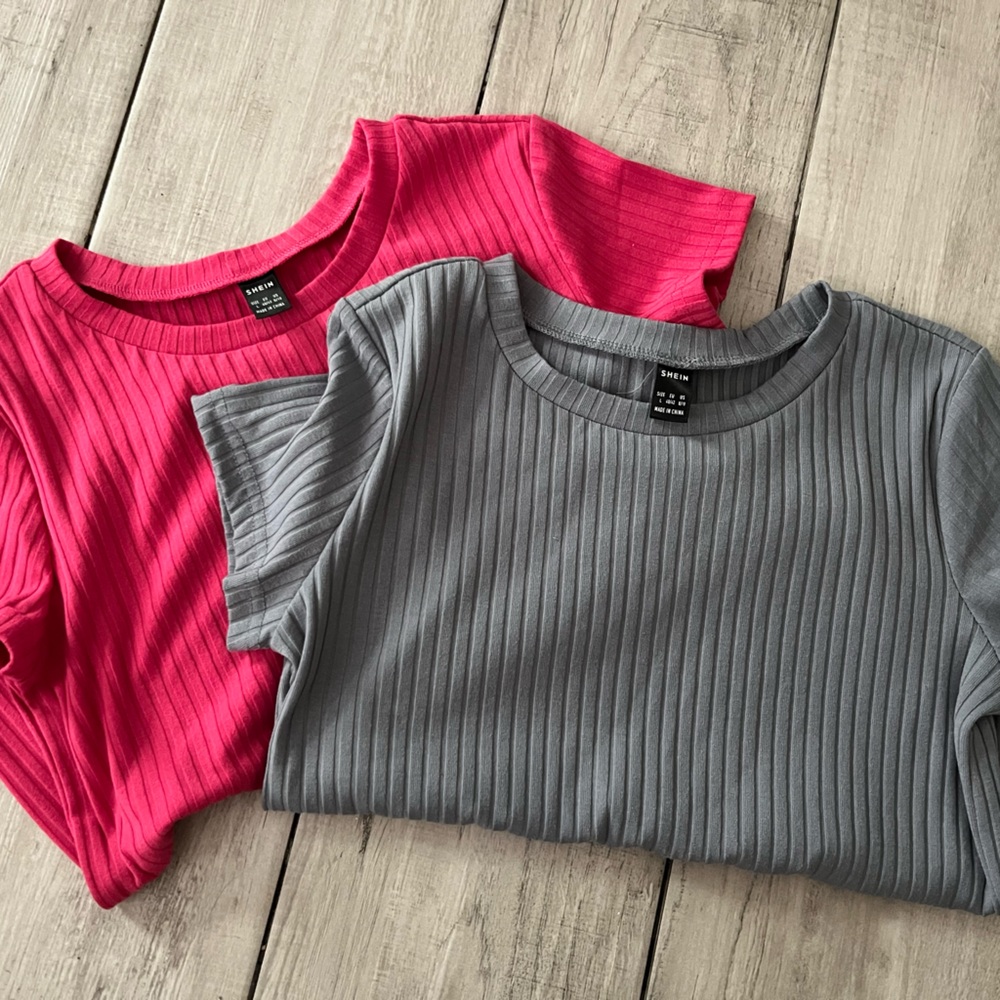 SHEIN Ribbed Short Sleeve Tops in Hot Pink and Gray